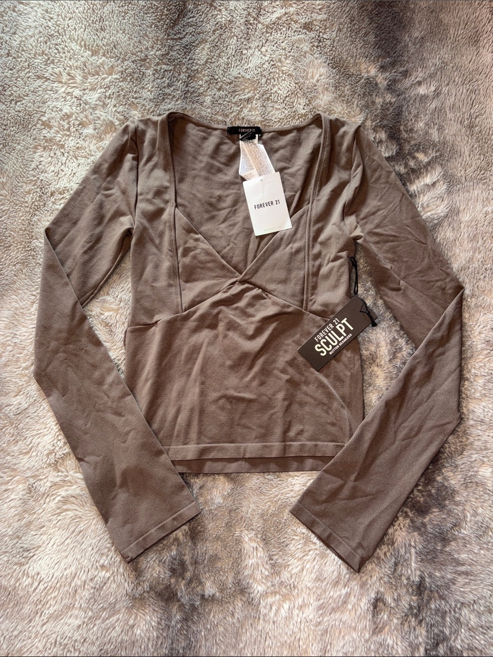 F21 Women's Brown Sculpt Long Sleeve V-Neck Top NWT